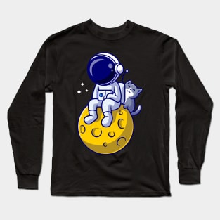 Astronaut And Cute Cat Cartoon Long Sleeve T-Shirt